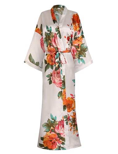 Image of Women Silk Kimono Robe Long Floral Bridesmaids Robes Satin | Wedding Party Bridal Getting Ready Robe Lightweight Dressing Gown Loungewear Sleepwear