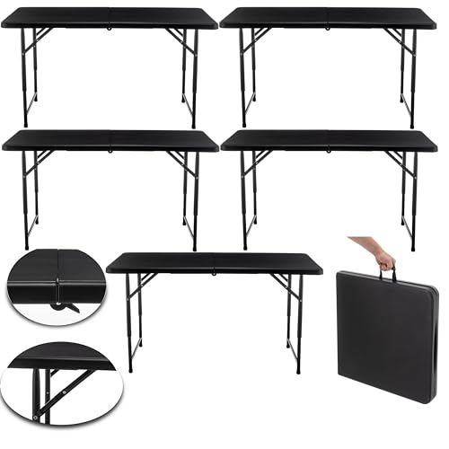 Image of BTEXPERT Set of 5, Fold-in-Half Folding Utility Table 4Feet Lightweight Height Adjustable Portable Carrying Handle Indoor Outdoor Picnic Camping Office Home Party Easy to Clean Store Care Black