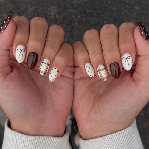 Image of Red Press on Nails Polka Dots Fake Nails Short Almond False Nail Bow Glue on Nails with Design Glossy Full Cover Artificial Acrylic Stick on Nail for Women Girls Manicure 24Pcs