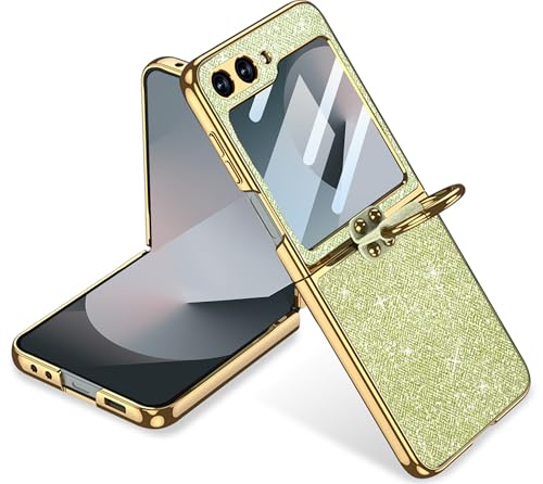 Image of BOUNCEBACK Pu Leather Shiny Bling Electroplated Case /Cover with Ring Holder Cover for Samsung Galaxy Z Flip 6 / Galaxy Flip 7 FE (2025) Back Case Cover - (Faux Leather | Shiny Green)