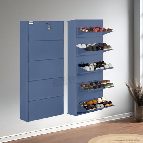 Image of DELITE KOM 24 inch Wide, 10 Shelf Metal Shoe Rack Wall Mounted for Home with Central Lock Holds Upto 30 Shoes or 50 Slippers Pair | Double Decker, 1 Yr Warranty, (67x24x8, Graphite Grey) DIY, Space Saver