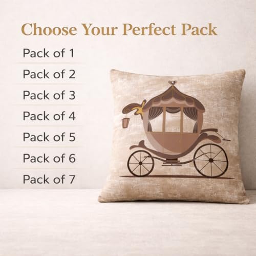 Image of Velvet Cushion Cover 20x20 Inch - Set of 6 Decorative Throw Pillow Covers for Sofa, Couch or Bed - Designer Printed Square Cushion Covers - Home Decor (Brown Cart)
