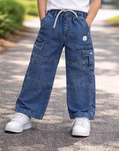 Image of Boys Straight Fit Premium Denim Jeans with Elastic Waist & Adjustable Drawstring Soft Wash Beggy Denim Jeans Comfortable Casual Loose Fit