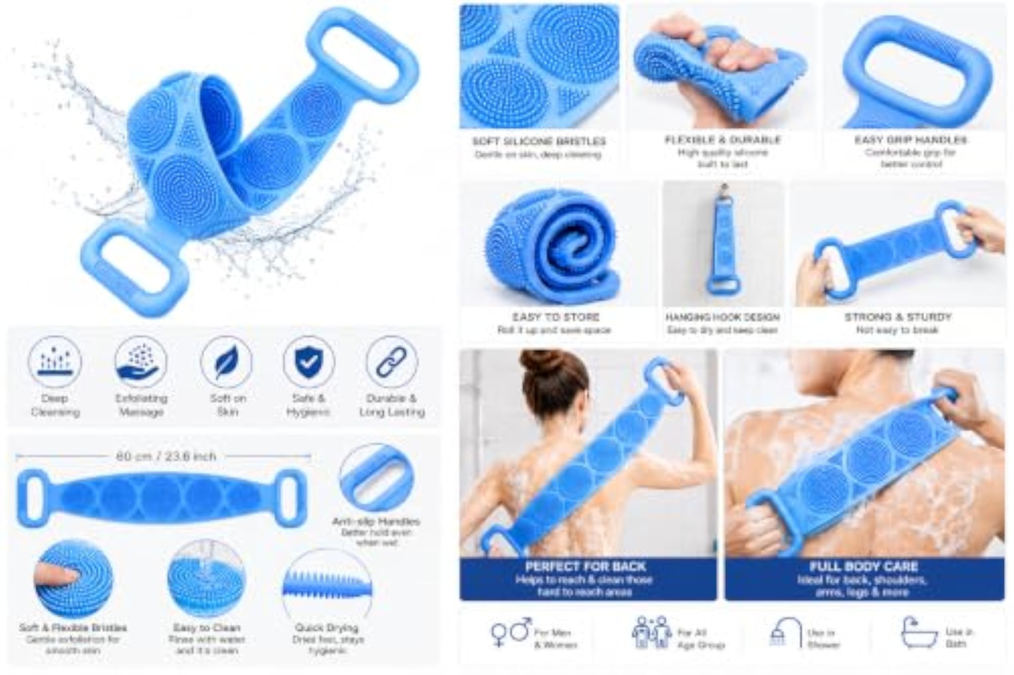 Silicone Back Scrubber for Bath, Double-Sided Body Exfoliating Bath Brush