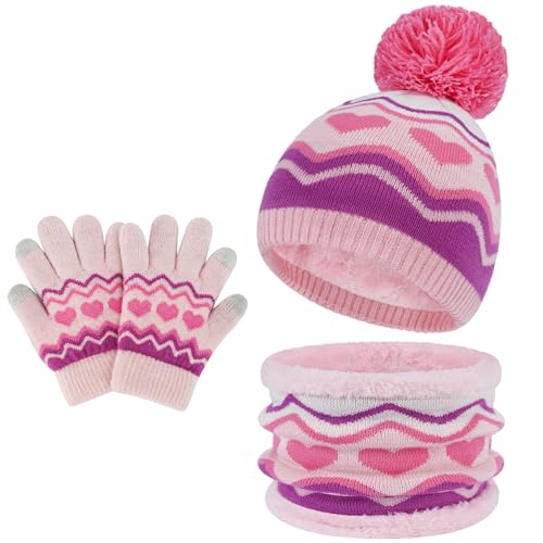 Image of Kids Toddlers Winter Hats Knit Warm Beanie Scarf Gloves Set for Boys Girls Age 2-7, Pompom Cap Neck Warmer Fleece Lined Gifts