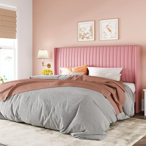 Image of Allewie King Size Velvet Bed Frame /Vertical Channel Tufted Wingback Headboard /Upholstered Platform Bed /Strong Wooden Slats /No Box Spring Needed /Easy Assembly /Pink