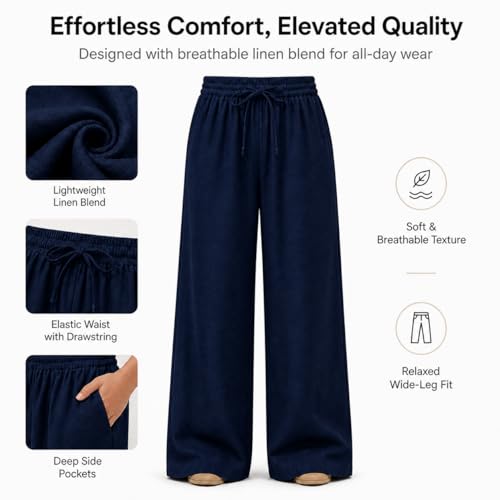 Image of Women Linen Wide Leg Pants High Waist Drawstring Elastic Waist Trousers Breathable Lightweight Summer Palazzo Pants Casual Travel Lounge Wear with Pockets