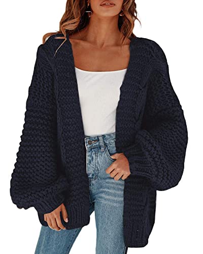 Cicy Bell Damen Strickjacken Cardigan Lose Laternenärmel Elegante Übergroße Pullover Marineblau S
