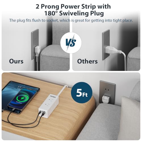 2 Prong Power Strip, TOPREK 2 Prong to 3 Prong Outlet Adapter, 1440J 2 Prong Surge Protector with 6 Outlets & 3 USB, 5FT 2 Prong Extension Cord with Swiveling Flat Plug, Ideal for Non-Grounded Outlet - image 6