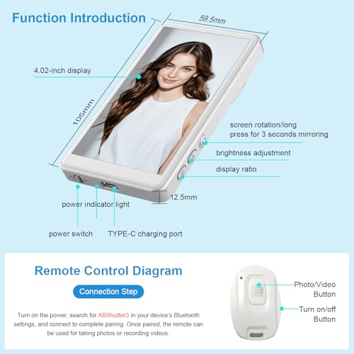 Handy Selfie Monitor Drahtlos 4K mit Magnethalterung & Fernbedienung, HD Bildschirm für iPhone Android, Content Creator Equipment für Live-Stream TikTok YouTube Video Vlog (Weiß)