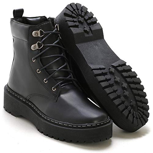 Bota Coturno Feminina Flatform Tratorada Cano Médio Zíper Casual Macia Cor:Preto;Tamanho:35