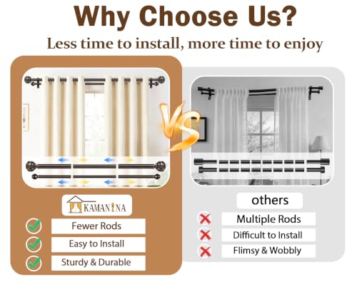 Image of KAMANINA 1 Inch Double Curtain Rods for Windows 36 to 72 Inches (3-6 Feet), Bronze Heavy Duty Double Curtain Rod, Telescoping Drapery Rod with Netted Texture Finials, Fewer Rods, Easier Install
