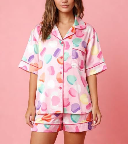 Image of Yiulangde Cute Silk Satin Pajama Set Preppy Pjs Shorts Y2k Floral 2 Piece Pajamas Sets for Women Button Down Lounge Shirt Set