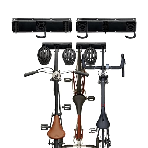 Soporte de Pared para Bicicletas Relaxdays, 6 Bicicletas y Cascos, Vertical, rieles con Ganchos Regulables, Negro