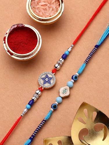 Image of Sukkhi Rakhi Trendy Floral Design Gold Plated AD Stones & Pearls Combo Rakhi for Brother with Roli Chawal & Greeting Card| Set of 2