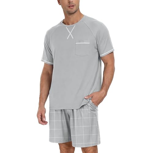 Marvmys Mens Pajama Set Cotton Summer Pjs Short Sleeve Sleepwear Lightweight Pajamas 2 Pieces Loungewear with Pockets S-2XL Small B-grey Plaid