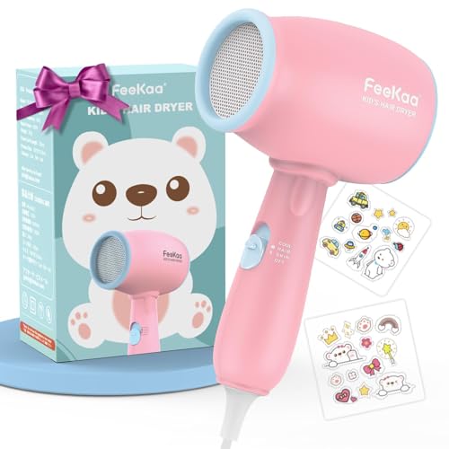 Kinderfön 550W MiniFöhn Kinder Föhn Mädchen Allein zu Benutzen 3 Sicher Temperatur Baby Föhn Leise Süß Mini Haartrockner Klein Reisefön für Kinder Leicht Kinder Geschenke mit DIY Aufkleber(Rosa)