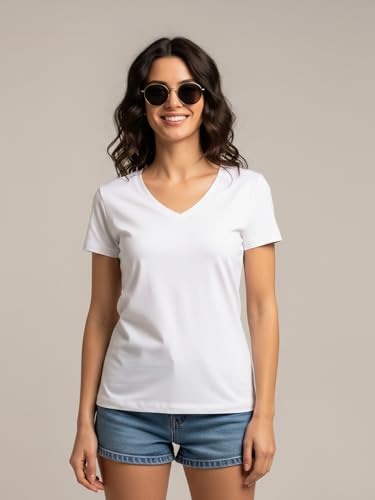 Image of JUNEBERRY Cotton Lycra Regular Fit V- Neck Solid Core Half Sleeves T-Shirt for Women & Girls (Colors Available: Black, Green, Magenta, Blue, Orange & Limeade)
