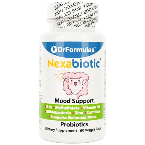 DrFormulas Mood Boost Probiotics for Stress and Calm, Methylfolate for Kids, Women, Men | Nexabiotic Supplement with Bifidobacterium and B-12, 60 Count