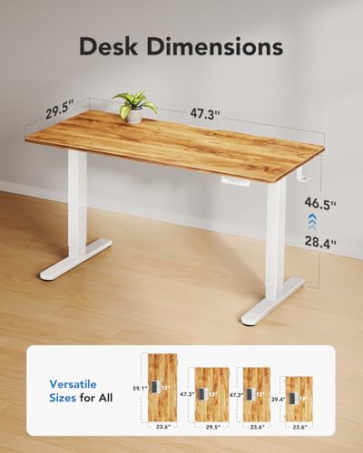 Image of HUANUO Electric Standing Desk, Whole Piece Desktop, Adjustable Height Computer Desk, 4 Height Memory Settings, Sit Stand Up Desk for Home Office, 48 inch x 30 inch, Light Vintage