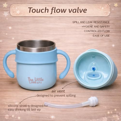 Image of THE LITTLE LOOKERS Stainless Steel Sipper Bottle for Baby 260ml | 316 Grade SS | BPA Free | Suitable for Hot & Cold |Travelling Bottle for Kids & Toddler|Training Sippy Cup with Straw /Spout Sky Blue