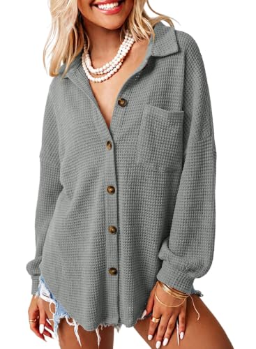 Image of Dokotoo Womens Waffle Knit Shacket Jacket Casual Button Down Shirts Tops | Long Sleeve,Loose Fit,Boyfriend Style,Collared V Neck,Fall Cardiga,Outwear with Pockets
