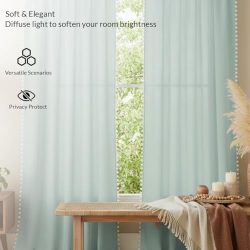 Image of HOMEMONDE Sheer 8 Feet Curtains with Border Pompoms- Long Door Panels, Sun Light Filtering, Top Style Rod Pocket - (Silver Grey, One Pcs)