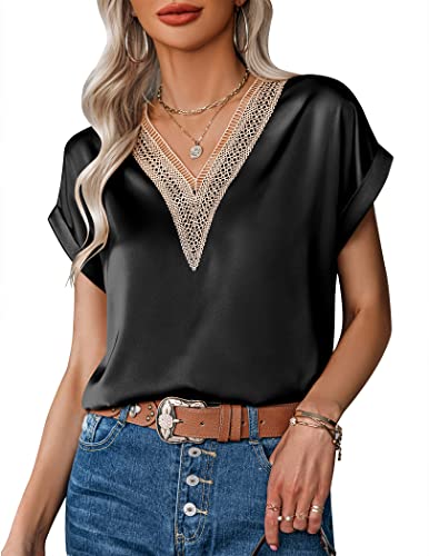 Zeagoo Damen Satin Bluse Elegant Kurzarm Tunika Shirt Sommer Casual T-Shirt Leichte Blusen Tops Schwarz L
