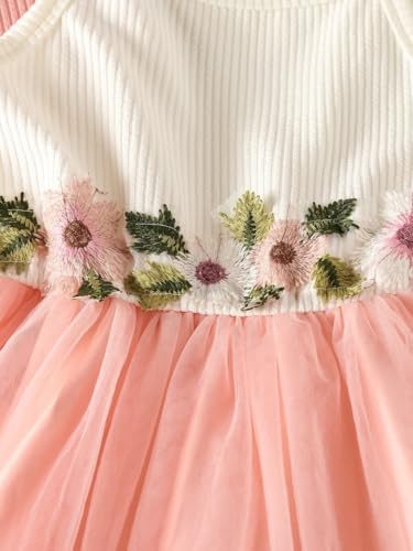 Image of Girls Peach Floral Embroidered Party Dress with Matching Shrug | Sleeveless Tulle A-Line Frock for Kids | 2-Piece Birthday & Festive Outfit(DW-100)