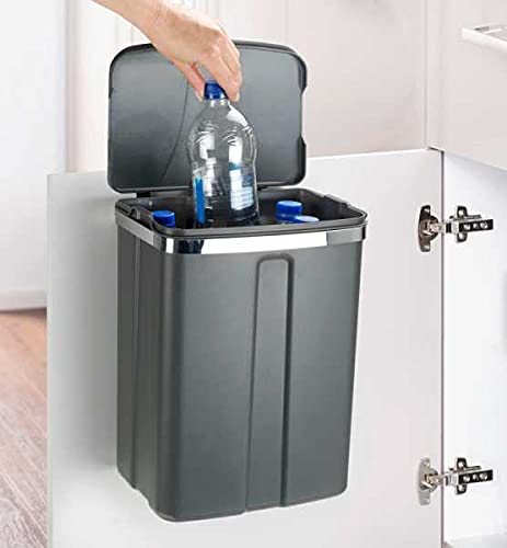 WENKO Tür-Abfalleimer, kompakter Mülleimer mit Deckel zum Einhängen an Küchenschrank oder -Schublade, geeignet für Badezimmer und Küche, aus Kunststoff/Stahl, Füllmenge 12 l, 26 x 34 x 17 cm, Grau