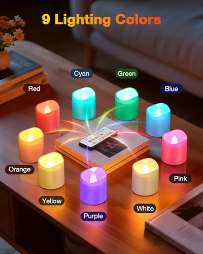 Image of Yme Rechargeable Color Changing Tea Lights Candles with Remote & Timer | 9 RGB Modes, Flameless LED Votives, Battery Operated Tealights with Charging Base, for Halloween Christmas Party Decor, 12PCS