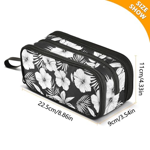 Image of ALAZA Hibiscus Flower Black White Large Pencil Case, Pen Pouch Pencil Bag with 3 Compartments Pen Holder Organizer Stationery Bag