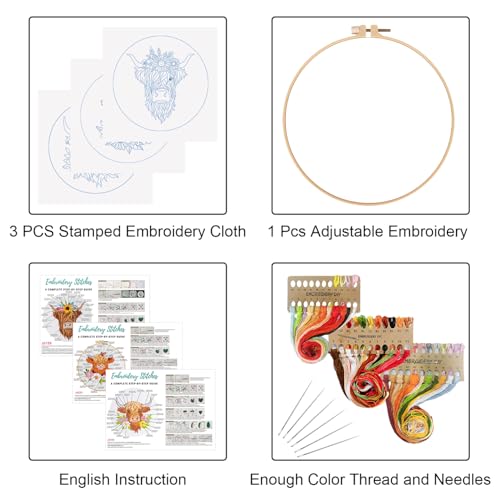 Image of Louise Maelys 3 Sets Embroidery Kits for Beginners,Cross Stitch Kit for Adults,Starters DIY Needlepoint Including Hoop -Highland Cow and Florals Pattern