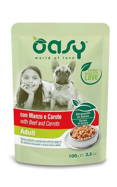 Oasy Umido Cani STRACCETTI ADULT MANZO E CAROTE - OFFERTA - 6 BUSTINE DA 150 GR
