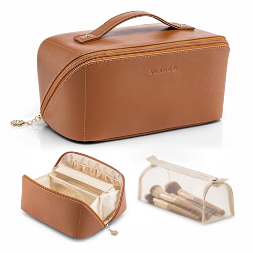 VLANDO Makeup Bag,Travel Toiletry Bag,Cosmetic Bag for Women PU Leather Portable Make up Bag for Skincare, Brushes & Travel Essentials-Brown
