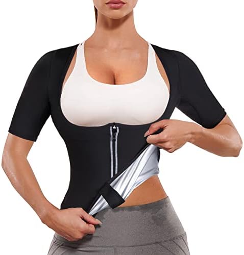 Sauna Suit for Women, Sweat Waist Trainer Vest, Sweat Slimming Body Shaper Jacket, Hot Waist Trainer Workout Shirt with Zipper (Short Sleeve)