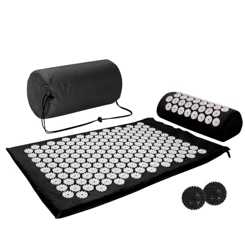 Acupressure Mat, Acupuncture Mat, Massage Mat and Pillow Set with 2pcs Massage Balls, Relieving Neck and Back Pain, Muscle Relaxation and Stress Reduction, Sciatica Relief, Carry a Handbag, Black