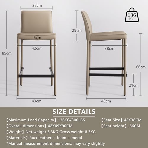 Image of YOUNIKE 26 inch H Counter Height Bar Stool with Back Single Faux Leather Modern Barstool Upholstered Comfy Bar Chair for Kitchen Breakfast Island, No Assembly, Fully Wrapped Metal Legs Khaki