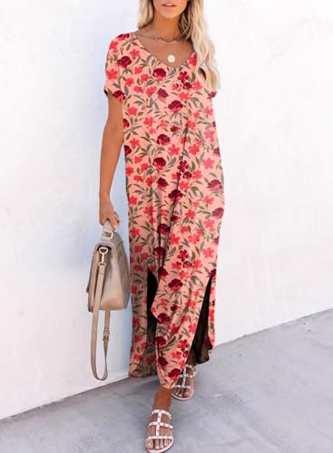Image of Dokotoo Summer Dresses for Women 2026 Casual Maxi Dress V Neck Cap Sleeve Long Sundress with Pockets Beach Vacation