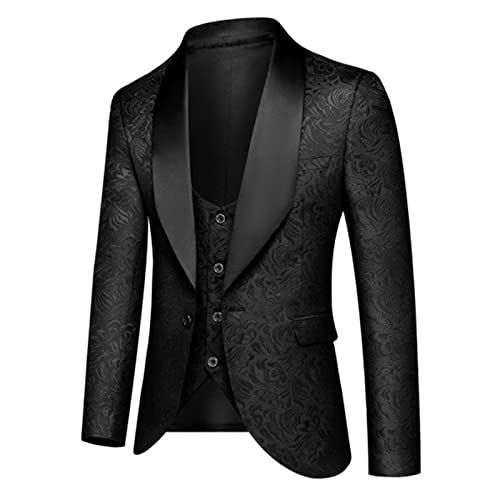 Men's 3 Pieces Suits Floral Embroidered Tuxedo Slim Fit Stylish Blazer For Men(Jackets Vest Pants) Black #TOP1