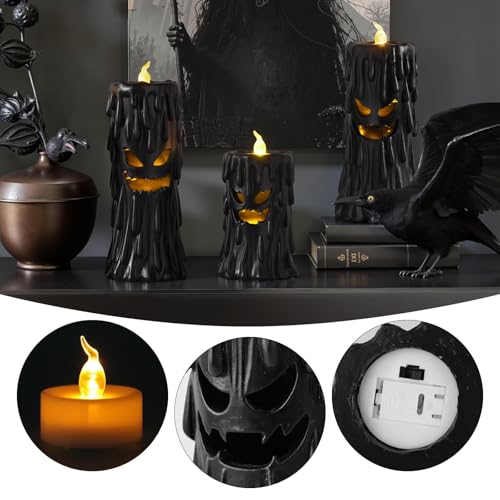 Image of Halloween Ghost Decor: Black Scary Ghost Face Candle Holder Halloween Table Decor with LED Lights, Spooky Decorations Indoor for Desk Office Mantel Home Fireplace Shelf Farmhouse Party Gifts Kids