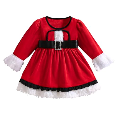 Toddler Girl Christmas Dress Santa Claus Christmas Outfit Red Long Sleeve Plush Xmas Party Dresses for Little Girls