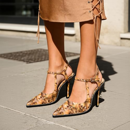 Image of SAMMITOP Womens High Heels Ankle Strap Pointed Toe Stilettos Patent Leather Beaded Pumps Dress Shoes 3.5 Inch