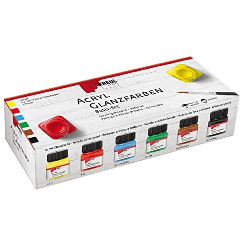 Kreul 79600 - Acryl Glanzfarben im Set, 6 x 20 ml Farbe und ein Pinsel, glänzend-glatte Acrylfarbe zum Anmalen und Basteln, auf Wasserbasis, speichelecht, schnelltrocknend und deckend