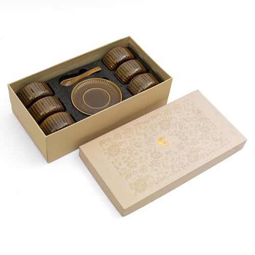 Image of Clay Craft Fine Ceramic 18-Piece Soup Bowl Set | 6 Soup Bowls, 6 Spoons & 6 Under Plates | Striped Glossy Design | 350 Ml | Microwave & Dishwasher Safe | for Serving Soup & Snacks | Golden Brown