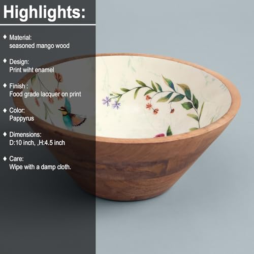 Image of SAAGA Printed Mango Wood Bowl - 10x4 Inch Handcrafted Round Serving Bowl with Food-Grade Finish for Noodles, Soups, Curries & Snacks - Celosia