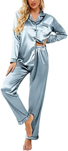 Ekouaer Women's Silk Satin Pajamas Set Button Down 2 Piece Long Pjs Set Sleepwear(02 Clear Blue,Medium)