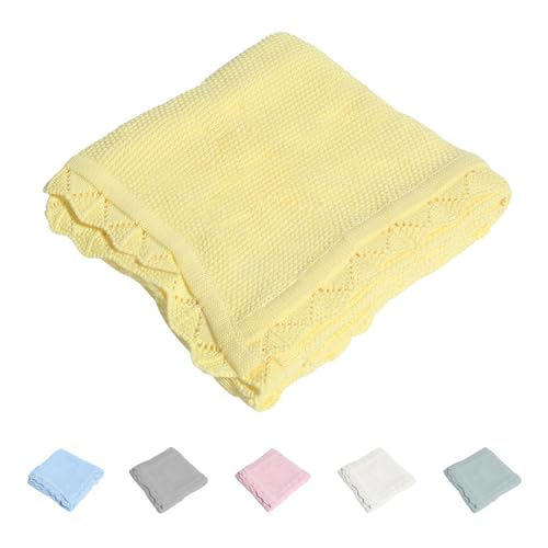 Image of TRENDSTITCH 100% Cotton Baby Blanket Knit Soft Warm Lace Toddler Newborn Nursery Blanket, 30 x 40 Inches, Lemon Yellow