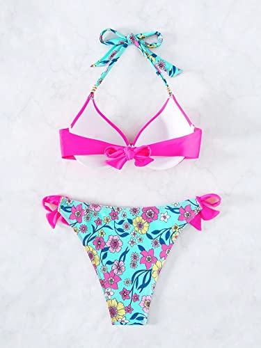 Milumia Women's 2 Piece Floral Print Push Up Bikini Sets Knot Side Halter Swimsuits2