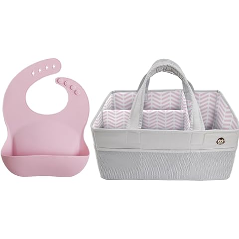 MIGHTY MONKEY Silicone Bib and Diaper Caddy, Baby and Toddler Bib is BPA Free Extra Deep Pocket, Diaper Caddy is Oversized and Stain Resistant, Both in Pink, 2 Item Bundle Cover